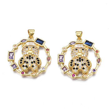 Brass Micro Pave 
Cubic Zirconia Pendants, with Brass Snap on Bails, Nickel Free, Real 18K Gold Plated, Ring with Bear, Colorful, 29x27.5x4mm, Hole: 3x5mm