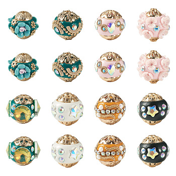 16Pcs 8 Styles Handmade Resin Indonesia Round Beads, with Alloy Rhinestone Findings, Round, Mixed Color, 16~19.5mm, Hole: 1.4~2mm, 2pcs/style
