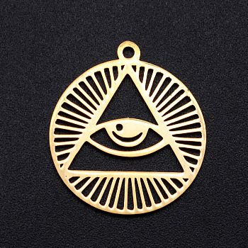 201 Stainless Steel Pendants, Filigree Joiners Findings, Laser Cut, Flat Round with Eye, All Seeing Eye, Golden, 22x19.5x1mm, Hole: 1.5mm