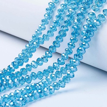 Electroplate Glass Beads Strands, Pearl Luster Plated, Faceted, Rondelle, Deep Sky Blue, 10x8mm, Hole: 1mm, about 65~66pcs/strand, 20.8~21.2 inch(53~54cm)