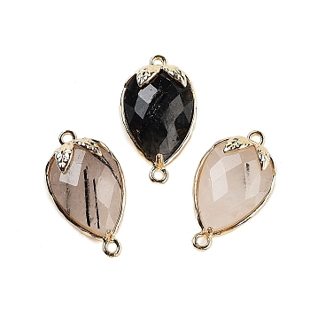 Natural Tourmalinated Quartz Faceted Teardrop Connector Charms, Brass Strawberry Links, Golden, 20x11.5x5mm, Hole: 1.2mm