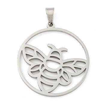 Non-Tarnish 304 Stainless Steel Pendants, Laser Cut, Hollow Ring with Bee Charm, Stainless Steel Color, 28.5x26x1.5mm, Hole: 6x3mm