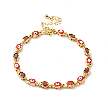 Enamel Evil Eye & Glass Oval Link Chain Bracelet, Golden Brass Jewelry for Women, Red, 7-1/4 inch(18.3cm)