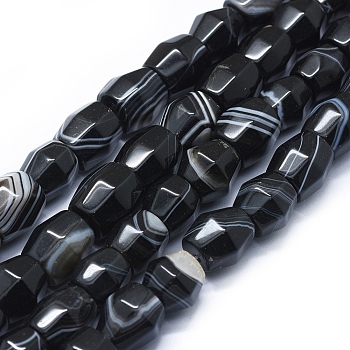 Natural Black Agate Beads Strands, Dyed & Heated, Drum, Faceted, Black, 13~16.5x12~15mm, Hole: 2.5~3mm, about 24~26pcs/strand, 13.9 inch~14.3 inch(35.5~36.5cm)