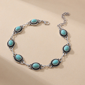 Alloy Resin Imitation Turquoise Oval L?ink Chain Anklets for Women, Antique Silver, 8-1/4 inch(210mm)