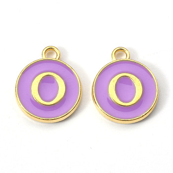 Golden Plated Alloy Enamel Charms, Enamelled Sequins, Flat Round with Letter, Medium Purple, Letter.O, 14x12x2mm, Hole: 1.5mm