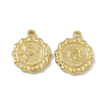 Vacuum Plating 201 Stainless Steel Pendants, Flat Round with Angel Charm, Real 18K Gold Plated, 22.5x19x3mm, Hole: 2mm