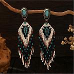Bohemian Handmade Glass Seed Beads Tassel Stud Earrings, with Synthetic Turquoise, Oval with Rhombus Pattern, Antique Bronze, Black, 117x28mm(EB9542-2)