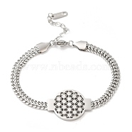 304 Stainless Steel Flower Link Bracelet with Curb Chains, Stainless Steel Color, 7-1/8 inch(18cm)(BJEW-E091-02P)