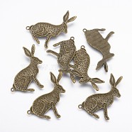 Metal Alloy Bunny Pendants, Lead Free and Cadmium Free, Antique Bronze, Halloween Rabbit, 44x26x2mm, hole: 2mm(PALLOY-A10924-AB)