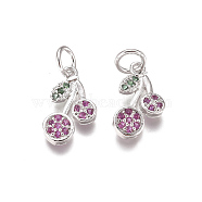 Brass Micro Pave Cubic Zirconia Charms, with Jump Rings, Cherry, Magenta & Green, Platinum, 12x7x1.5mm, Hole: 3mm(ZIRC-I038-13P)
