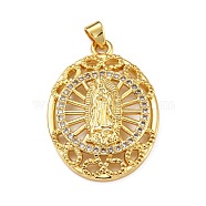 Brass Micro Pave Clear Cubic Zirconia Pendants, Oval with Virgin Mary, Real 18K Gold Plated, 34x24x5.5mm, Hole: 4x3mm(ZIRC-A021-39G)