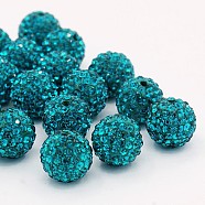 Grade A Rhinestone Beads, Pave Disco Ball Beads, Resin and China Clay, Round, Dark Cyan, PP9(1.5.~1.6mm), 8mm, Hole: 1mm(RB-B025-21)