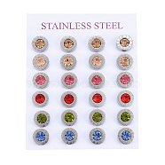 304 Stainless Steel Stud Earrings, with Rhinestone, Flat Round with Roman Numerals, Mixed Color, 9x3.5mm, Pin: 0.8mm, 12pairs/card(EJEW-H362-10P-B)