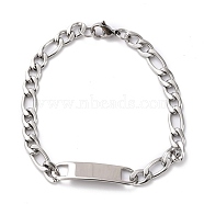 304 Stainless Steel ID Bracelets, Link Bracelets, with Figaro Chains, Rectangle, Stainless Steel Color, 7-7/8 inch(20cm)(STAS-B021-20P)