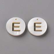 Natural Freshwater Shell Pendants, Flat Round with Letter, Letter.E, 12x1.5mm, Hole: 1mm(SHEL-Q311-008E)