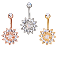 Brass Piercing Jewelry, Belly Rings, with Glass Rhinestone and Opal, Flower, Mixed Color, 31mm, bar: 15 Gauge(1.5mm), 3pcs/set, bar length: 3/8"(10mm)~9/16"(14mm)(AJEW-EE0006-83)