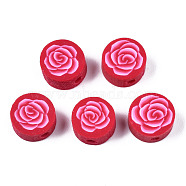 Handmade Polymer Clay Beads, for DIY Jewelry Crafts Supplies, Flat Round with Flower, Crimson, 9.5x3.5~5mm, Hole: 1.8mm(CLAY-N008-022F)