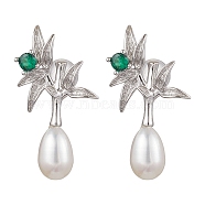 Natural Pearl Ear Studs, with Sterling Silver Micro Pave Cubic Zirconia Findings, Flower & Oval, Platinum, 25x13mm(EJEW-P286-19P)