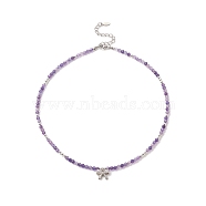 Clear Cubic Zirconia Bowknot Pendant Necklace with Natural Amethyst Beaded Chains for Women, 16.02 inch(40.7cm), Pendant: 9x13x5mm(NJEW-JN04271-03)