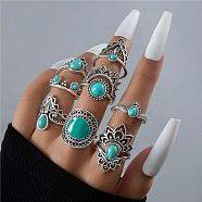 8Pcs 8 Style Synthetic Turquoise Finger Rings Sets, Crown & Flower Alloy Stackable Rings, Antique Silver, Inner Diameter: 16~18mm, 1Pc/style(PW-WG41930-02)