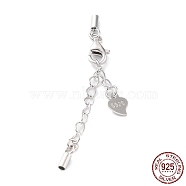 Rhodium Plated 925 Sterling Silver Curb Chain Extender, End Chains with Lobster Claw Clasps and Cord Ends, Heart Chain Tabs, with S925 Stamp, Platinum, 23mm(STER-G039-03B-P)