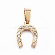 304 Stainless Steel Rhinestone Charms, Hroseshoes, Golden, 14x11x2mm, Hole: 5x2.5mm(STAS-H356-28G)