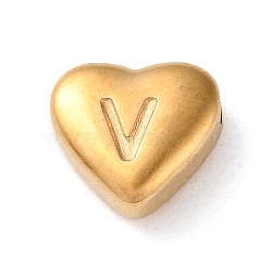 201 Stainless Steel Beads, Golden, Heart, Letter V, 7x8x3.5mm, Hole: 1.5mm(STAS-M335-01V-G)