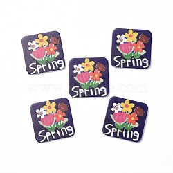 Acrylic Cabochons, for Hair Pins, Hair & Earrings Accessories, Square with Flower Pattern & Word Spring, Indigo, 34.5x34.5x2.5mm(MACR-C002-14)