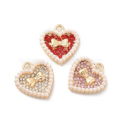 Alloy Rhinestone Pendants, with ABS Plastic Imitation Pearl Bead, Golden Tone Heart with Bowknot Charms, Mixed Color, 17x16x3mm, Hole: 1.8mm(X-ALRI-E006-02LG)