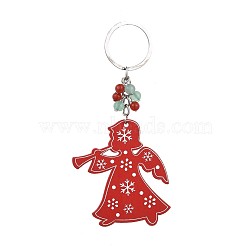Dyed Poplar Wood Keychain, with Iron Keychain Findings, Natural Green Aventurine and Carnelian Beads, Angel, Red, 122mm(X-KEYC-JKC00205-05)