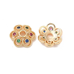 Brass with Clear Cubic Zirconia Bead Caps, 6-Petal Flower, Real 18K Gold Plated, 9x10x3mm, Hole: 2mm(KK-Q773-07G)
