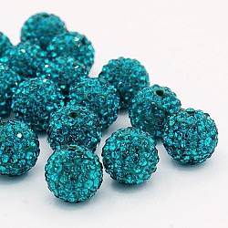 Grade A Rhinestone Beads, Pave Disco Ball Beads, Resin and China Clay, Round, Dark Cyan, PP9(1.5.~1.6mm), 8mm, Hole: 1mm(RB-B025-21)