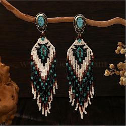 Bohemian Handmade Glass Seed Beads Tassel Stud Earrings, with Synthetic Turquoise, Oval with Rhombus Pattern, Antique Bronze, Black, 117x28mm(EB9542-2)