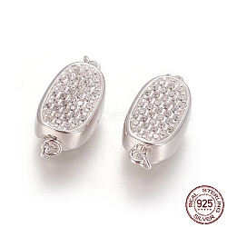 Rhodium Plated 925 Sterling Silver Box Clasps, with Cubic Zirconia, with 925 Stamp, Oval, Platinum, Clear, 18x8x7mm, Hole: 1mm(STER-L059-07P)
