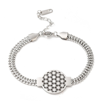 304 Stainless Steel Flower Link Bracelet with Curb Chains, Stainless Steel Color, 7-1/8 inch(18cm)