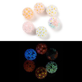 Handmade Luminous Polymer Clay Rhinestone Beads, with Acrylic, Round with Flower, Mixed Color, 20~21mm, Hole: 2mm