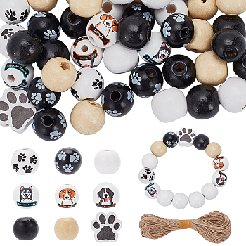 180Pcs 9 Styles Printed Wood Beads, with 1 Bundke Jute Cord, Round & Paw Shape, Mixed Color, Beads: 15.5~20x14.5~16mm, Hole: 2.6~7mm, Jute Cord: 1.5mm