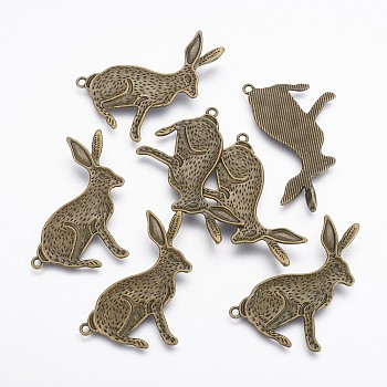 Metal Alloy Bunny Pendants, Lead Free and Cadmium Free, Antique Bronze, Halloween Rabbit, 44x26x2mm, hole: 2mm