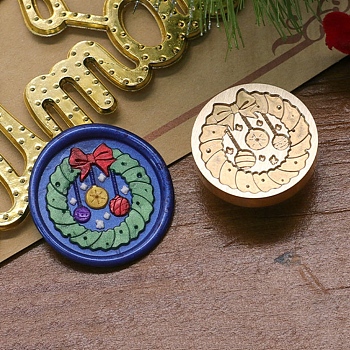 Christmas Series Wax Seal Brass Stamp Head, for Wax Seal Stamp, Golden, Christmas Wreath, 25x14mm, Inner Diameter: 7.5mm