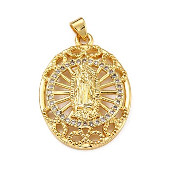 Brass Micro Pave Clear Cubic Zirconia Pendants, Oval with Virgin Mary, Real 18K Gold Plated, 34x24x5.5mm, Hole: 4x3mm
