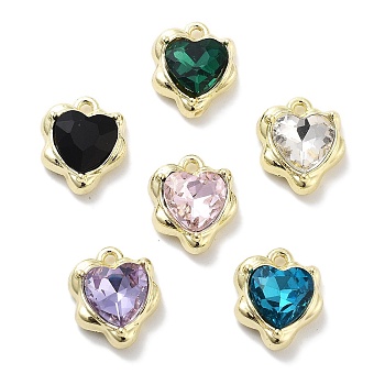 Rack Plating Alloy Rhinestone Charms, Lead Free & Cadmium Free & Nickel Free, Heart, Mixed Color, Golden, 13.5x11x5mm, Hole: 1.2mm