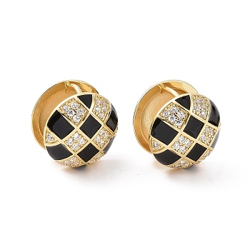 Clear Cubic Zirconia Tartan Pattern Ball Huggie Hoop Earrings with Enamel, Golden Brass Jewelry for Women, Black, 17x17mm, Pin: 1mm