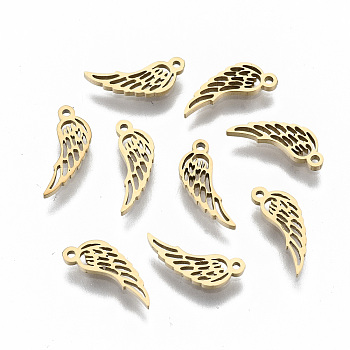304 Stainless Steel Charms, Laser Cut, Wing, Real 14K Gold Plated, 10.5x3.5x1mm, Hole: 0.8mm