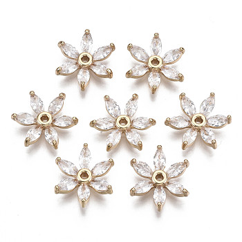 Brass Micro Pave Cubic Zirconia Beads, Flower, Long-Lasting Plated, Light Gold, Clear, 14x12x4mm, Hole: 1.2mm