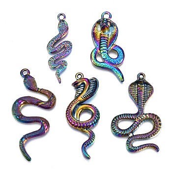 Rainbow Color Alloy Pendants, Cadmium Free & Nickel Free & Lead Free, Snake, 41.5x14x4.5mm, Hole: 2.5mm, 5pcs/set