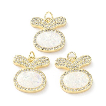 Rack Plating Brass Micro Pave Cubic Zirconia Pendants, Synthetic Opal Rabbit Charms with Jump Ring, Cadmium Free & Lead Free, Long-Lasting Plated, Real 18K Gold Plated, Snow, 18x17x3mm, Hole: 3.4mm