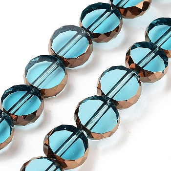 Transparent Glass Beads Strands, Flat Rounnd, Faceted, Deep Sky Blue, 9.5~10x3.5~4mm, Hole: 1.4mm, about 40pcs/strand, 14.09~14.49''(35.8~36.8cm)