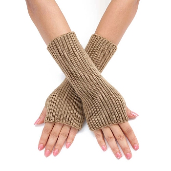 Acrylic Fibers Knitting Long Fingerless Gloves, Arm Warmer, Winter Warm Gloves with Thumb Hole, Tan, 200x70mm