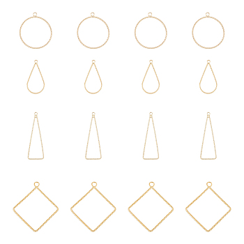 DICOSMETIC 32Pcs 4 Style Brass Pendants, Teardrop & Triangle & Rhombus & Ring, Real 18K Gold Plated, 26~38x11.5~34x0.5~1.5mm, Hole: 1.5~2.5mm, 8pcs/style 